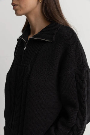 Rhythm Cabelled Vintage Zip Knit Black