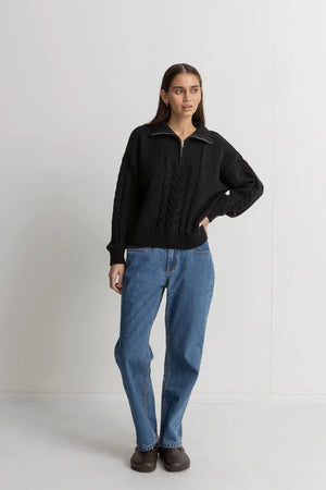 Rhythm Cabelled Vintage Zip Knit Black