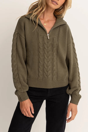 Rhythm Cabelled Vintage Zip Knit Olive