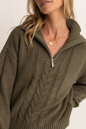 Rhythm Cabelled Vintage Zip Knit Olive