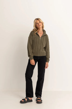 Rhythm Cabelled Vintage Zip Knit Olive