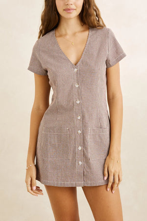 Rhythm London Check Button Front Mini Dress Chocolate
