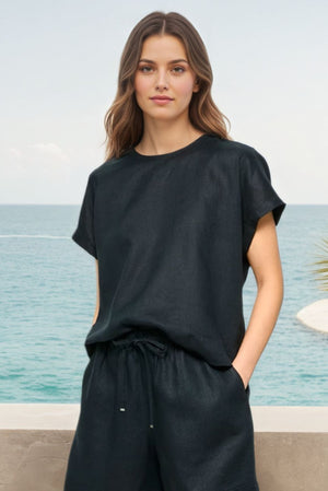 Mutig Linen Blend Top Black