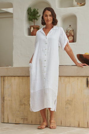 EB AND IVE STUDIO SHIRT MAXI LINEN DRESS WHITE