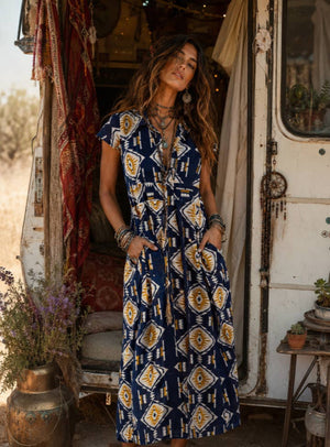 100% cotton wrap dress in navy