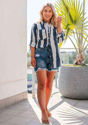 Soul Sparrow Stripe Linen Shirt Navy