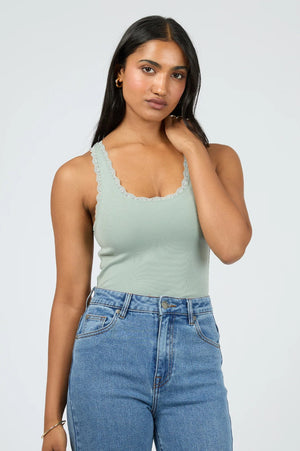 All About Eve Washed Rib Lace Tank Sage
