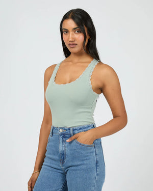 All About Eve Washed Rib Lace Tank Sage