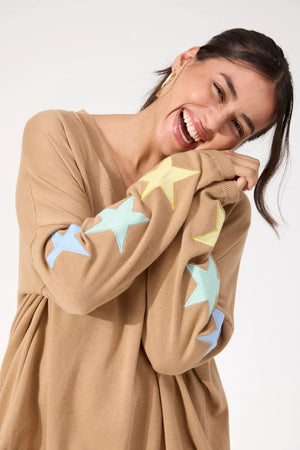 Haven Vermont Star V Neck Jumper Tan