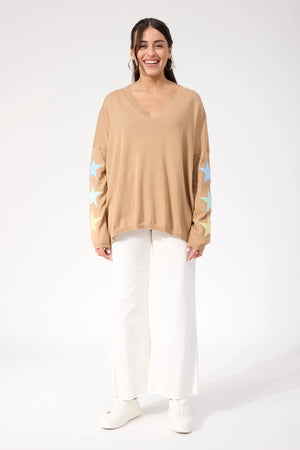 Haven Vermont Star V Neck Jumper Tan