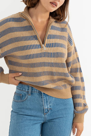 Rhythm Estelle Quarter Zip Striped Knit Cobalt
