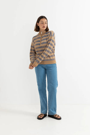 Rhythm Estelle Quarter Zip Striped Knit Cobalt