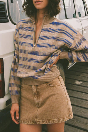 Rhythm Estelle Quarter Zip Striped Knit Cobalt