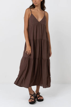Rhythm Classic Tiered Midi Dress Chocolate