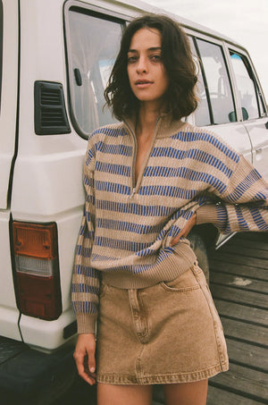 Rhythm Estelle Quarter Zip Striped Knit Cobalt