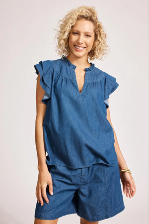 Eb & Ive Melenia Denim Frill Top Indigo