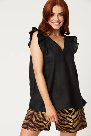 Eb & Ive Nala Frill linen Top Ebony black
