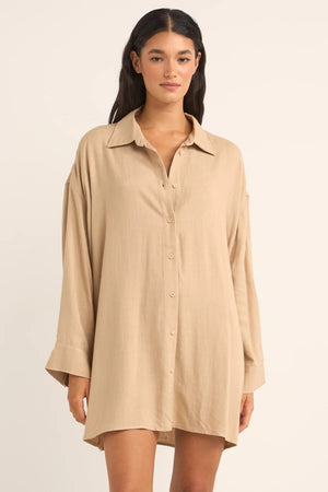 Rhythm Sun Ray Long Sleeve Shirt Dress Sand