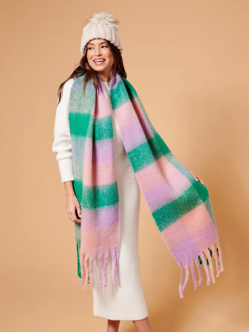 Angels Whisper Pink & Green Checkered Fluffy Scarf