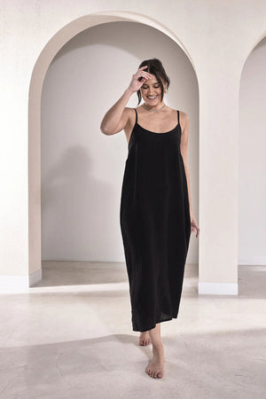 Eadie Midi Linen Slip Dress Black