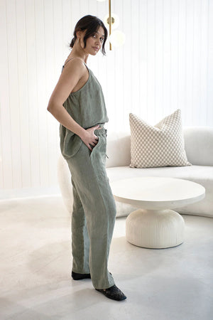 Eadie Wide Leg Linen Pant Pistachio