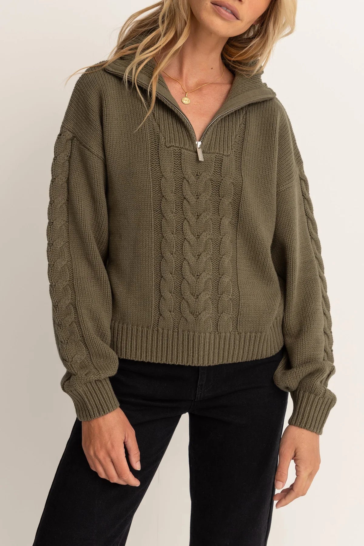 Rhythm Cabelled Vintage Zip Knit Olive