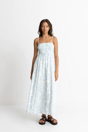 Rhythm Grace Floral Shirred Midi Dress Blue and White