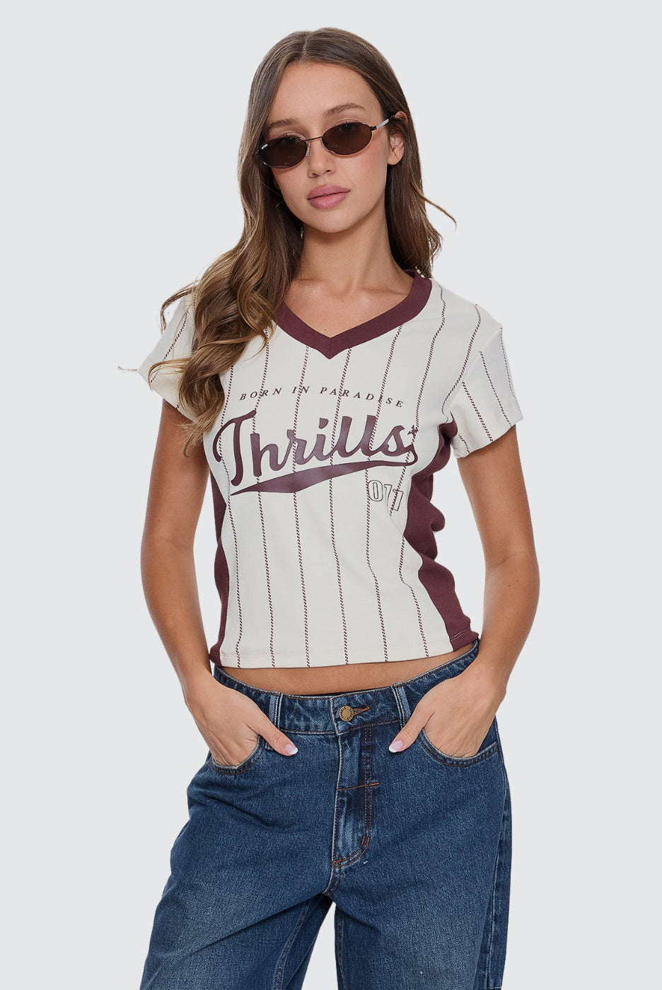 Thrills Baseline Stripe V-Neck Club Tee Butter Cream