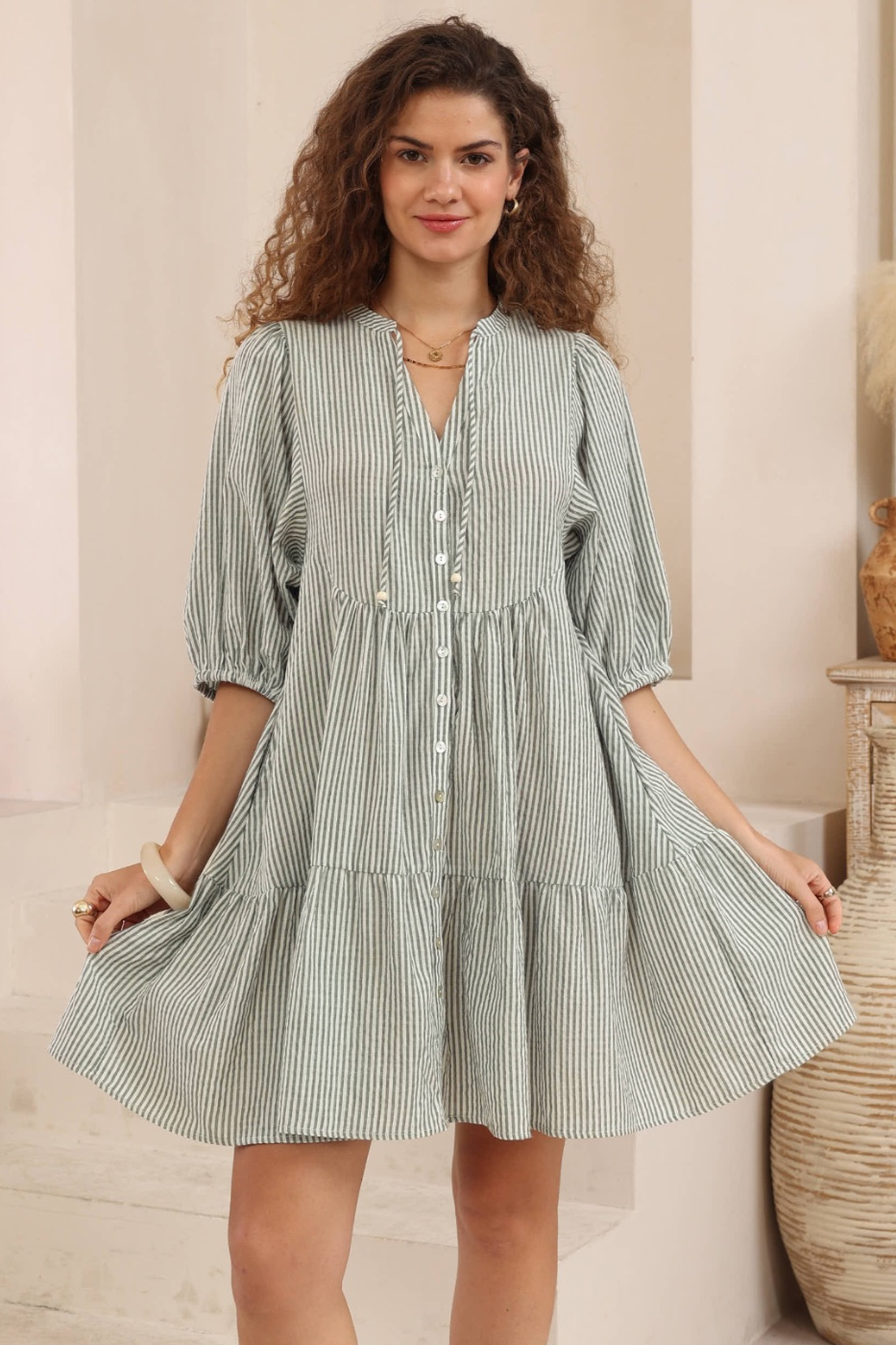 Iris Maxi Babydoll Stripe Dress Green