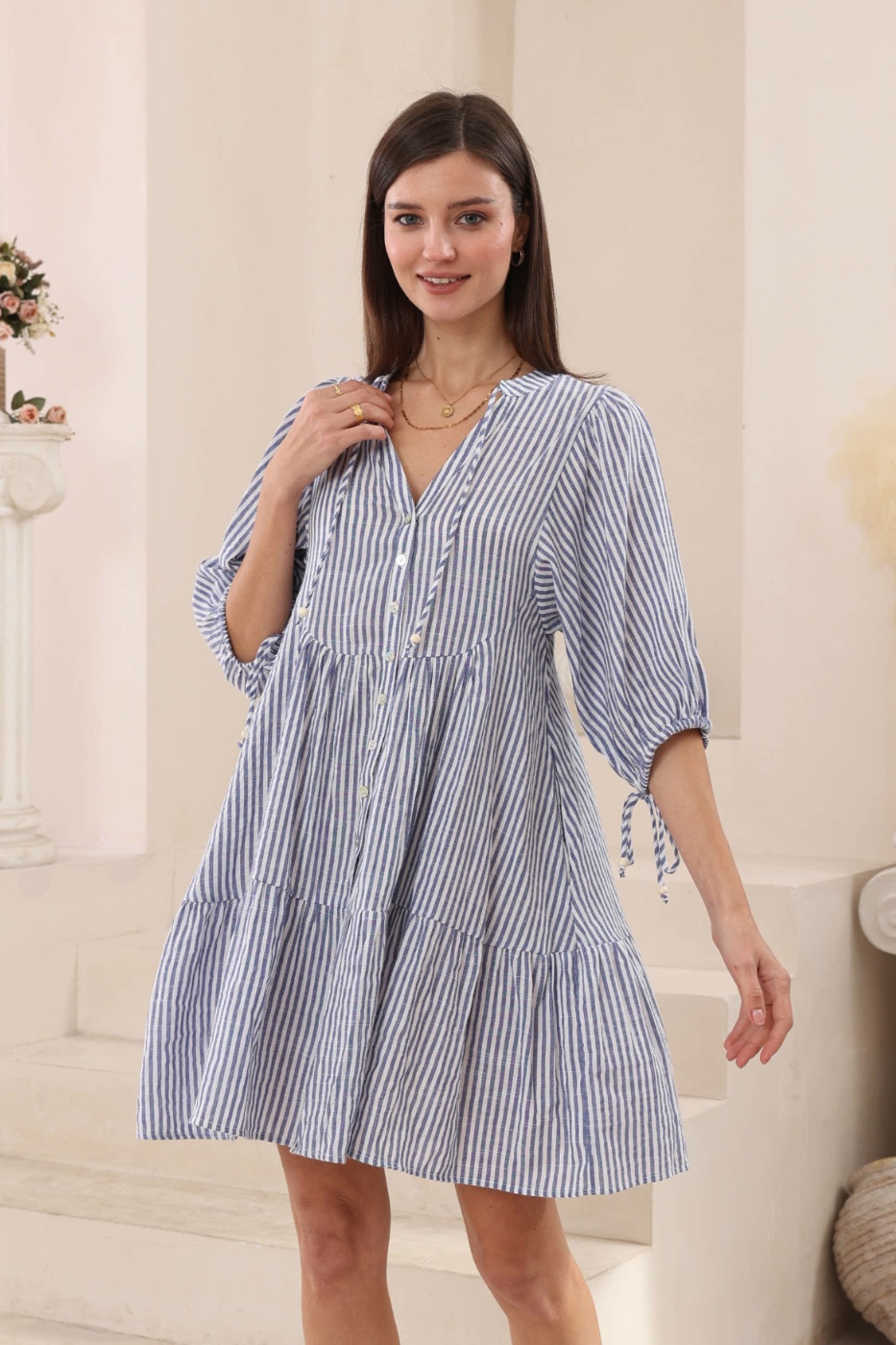 Iris Maxi Babydoll Stripe Dress Blue