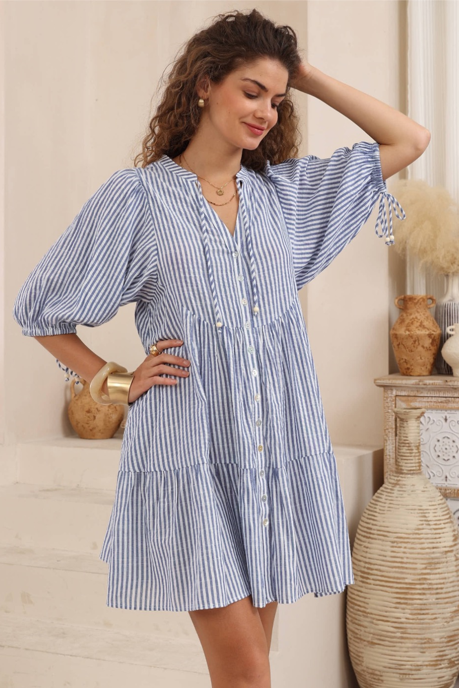 Iris Maxi Babydoll Stripe Dress Blue
