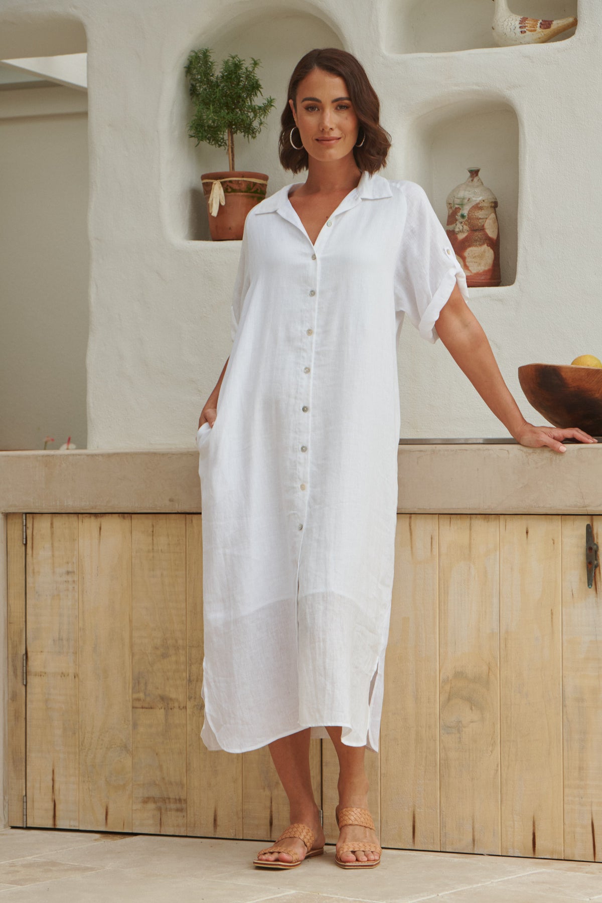 EB AND IVE STUDIO SHIRT MAXI LINEN DRESS WHITE