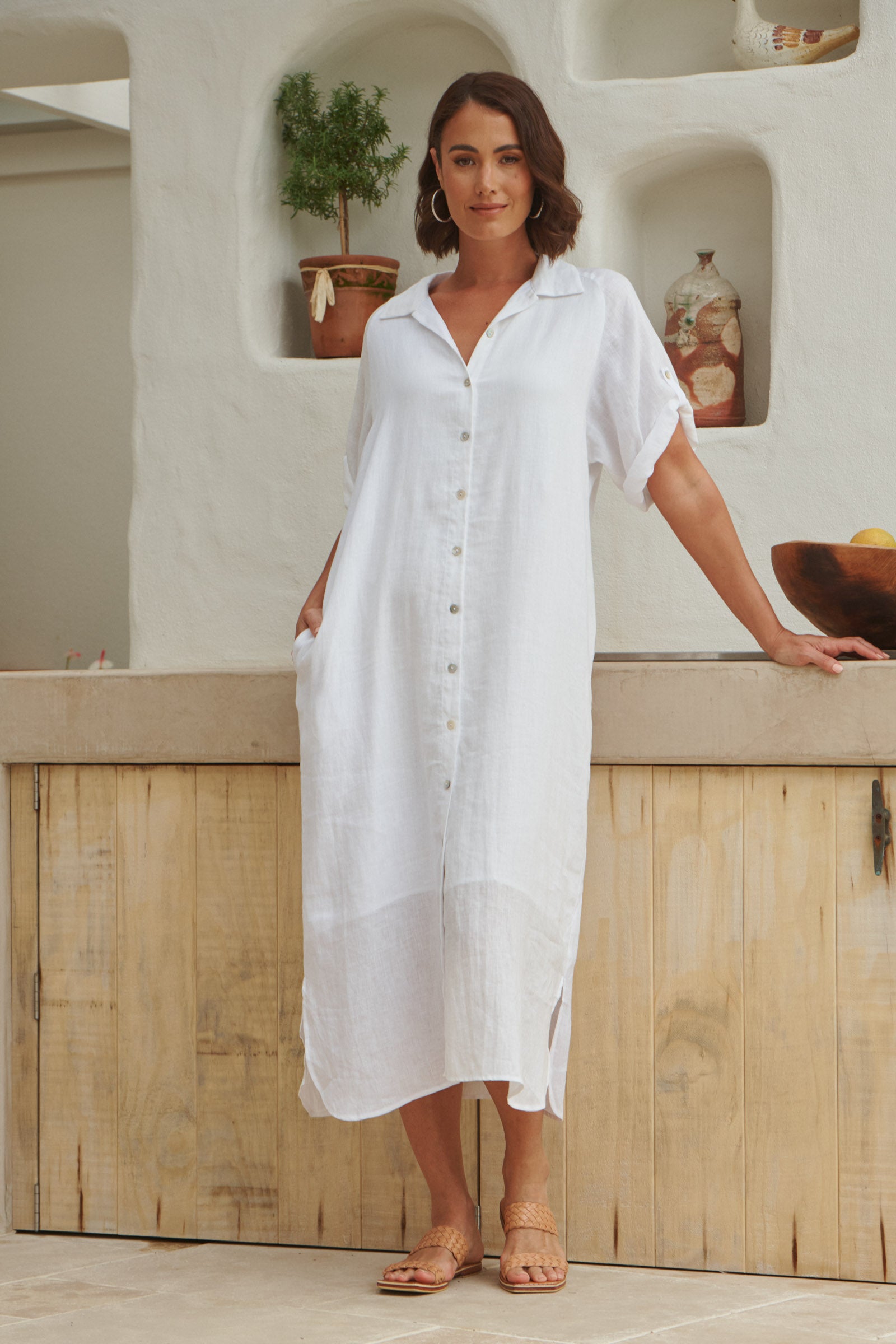 EB AND IVE STUDIO SHIRT MAXI LINEN DRESS WHITE