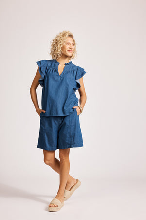 Eb & Ive Melenia Denim Frill Top Indigo
