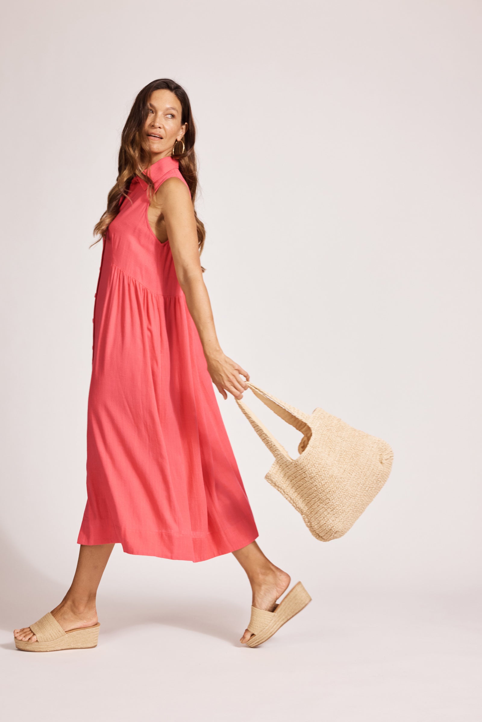 Eb & Ive Alesia Sleeveless Shirt Dress Melon