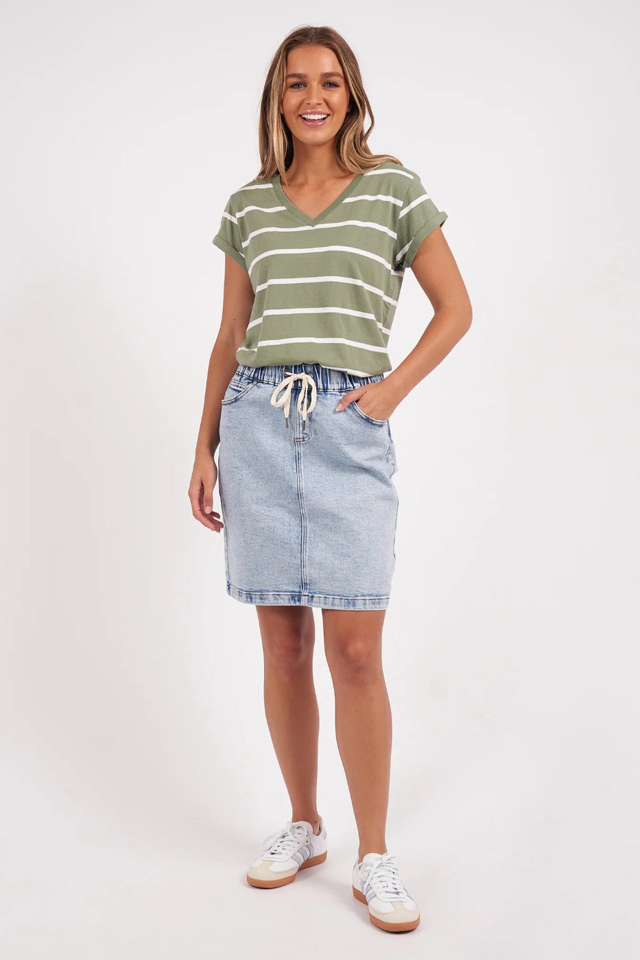 Foxwood Manly Stripe Vee Tee Sage & White