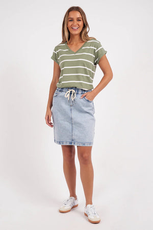 Foxwood Manly Stripe Vee Tee Sage & White