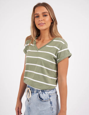 Foxwood Manly Stripe Vee Tee Sage & White