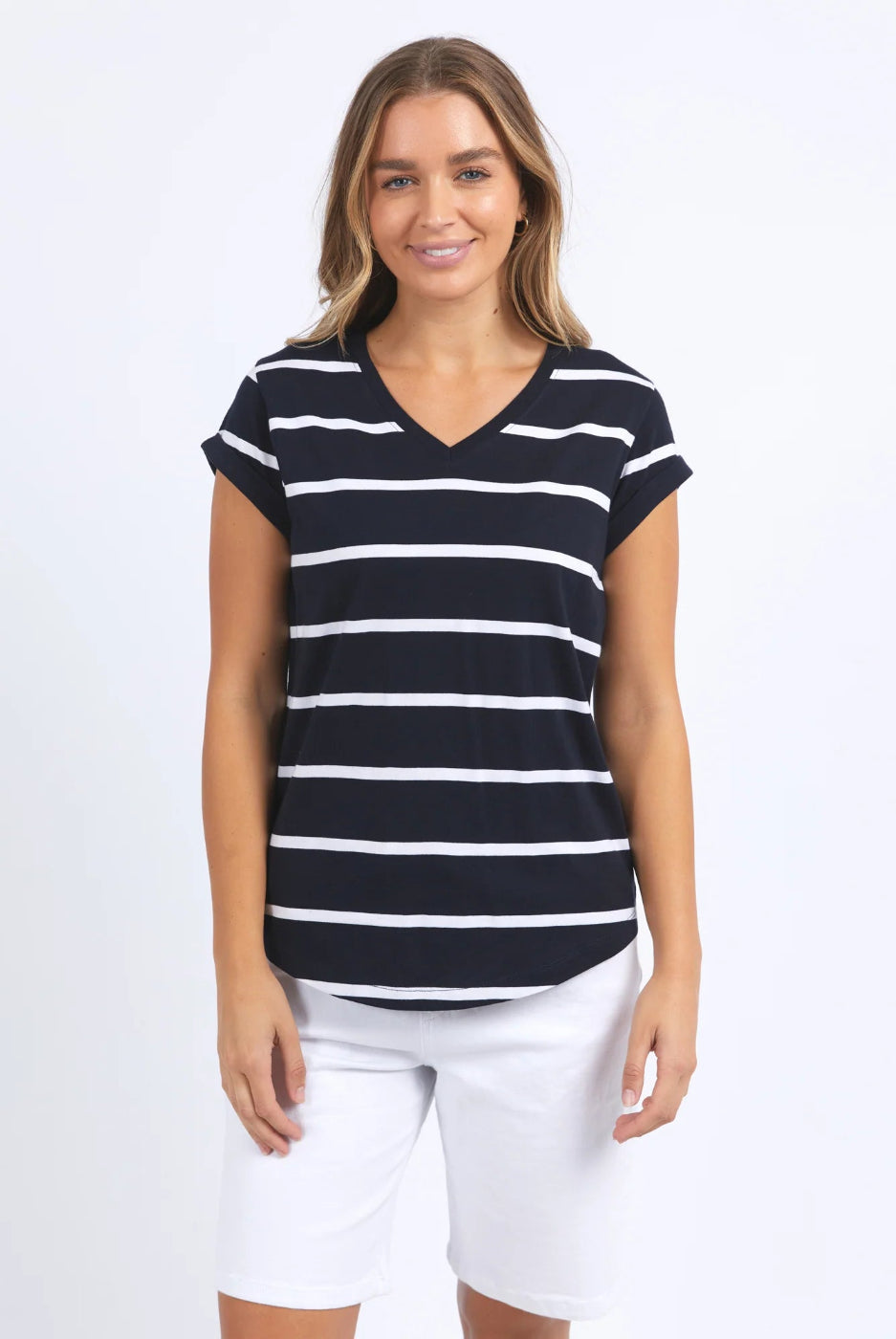 Foxwood Manly Stripe Vee Tee Sapphire & White