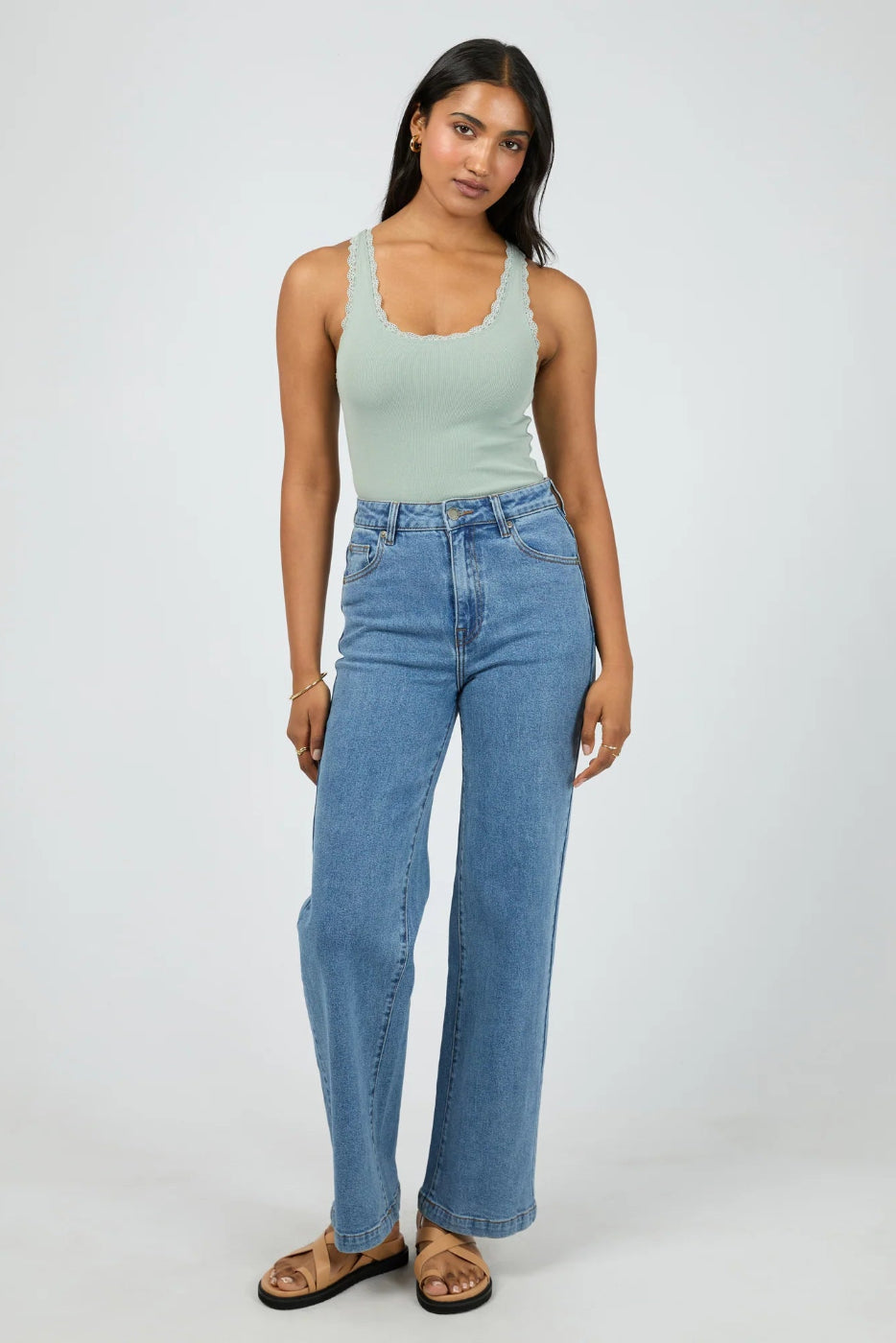 All About Eve Washed Rib Lace Tank Sage