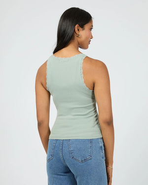 All About Eve Washed Rib Lace Tank Sage