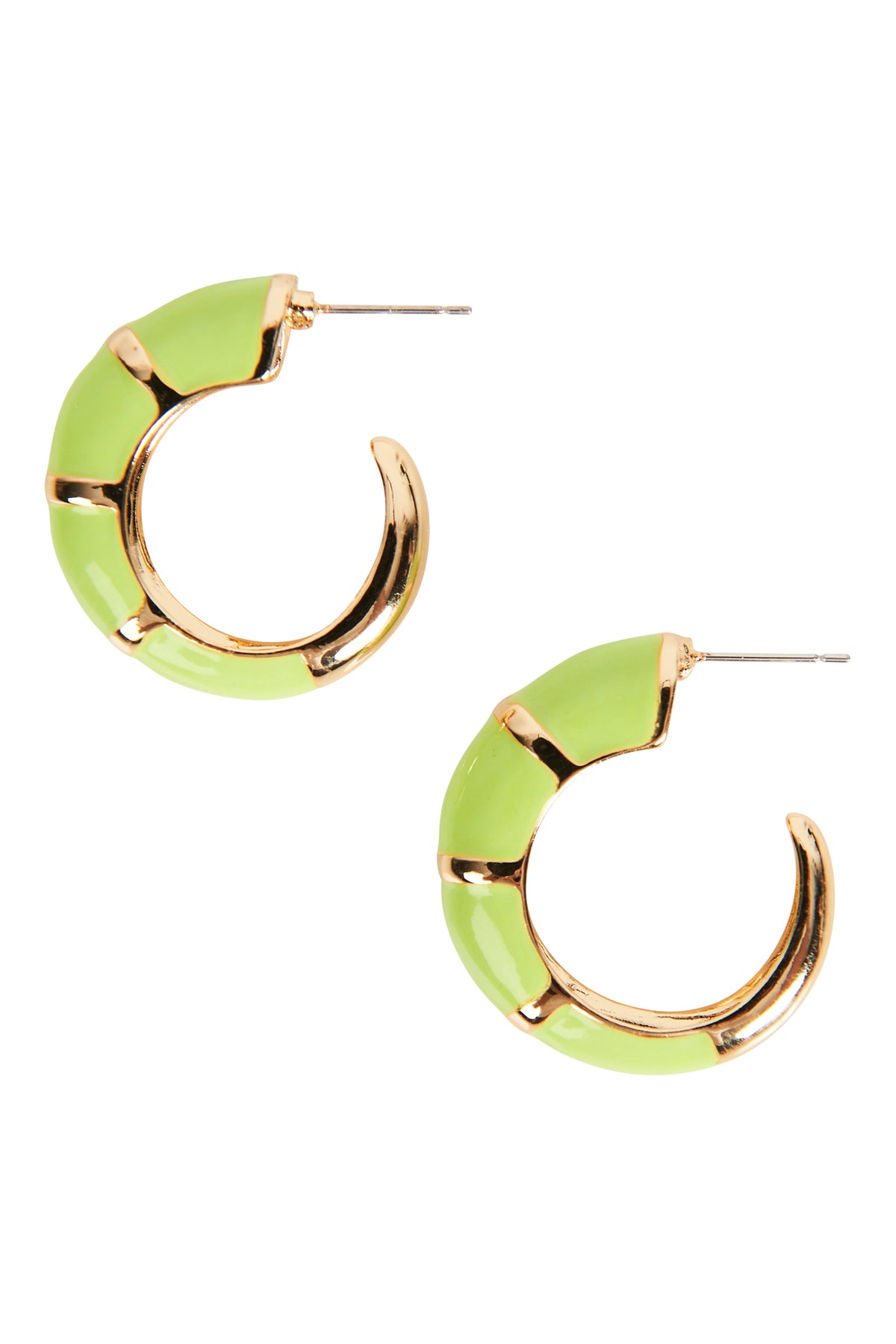 Green hoop earrings with gold accents on a white background