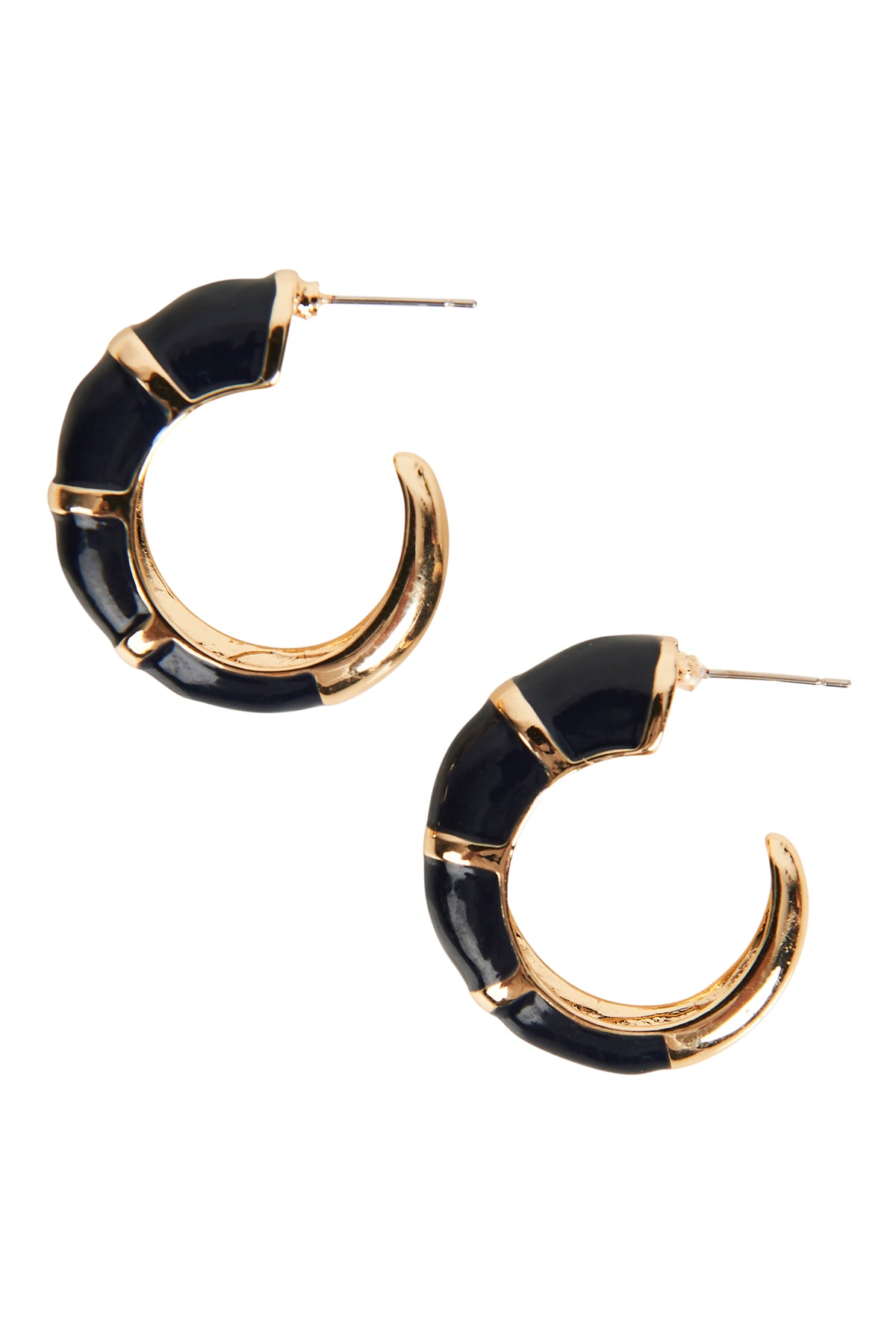 Black hoop earrings with gold accents on a white background