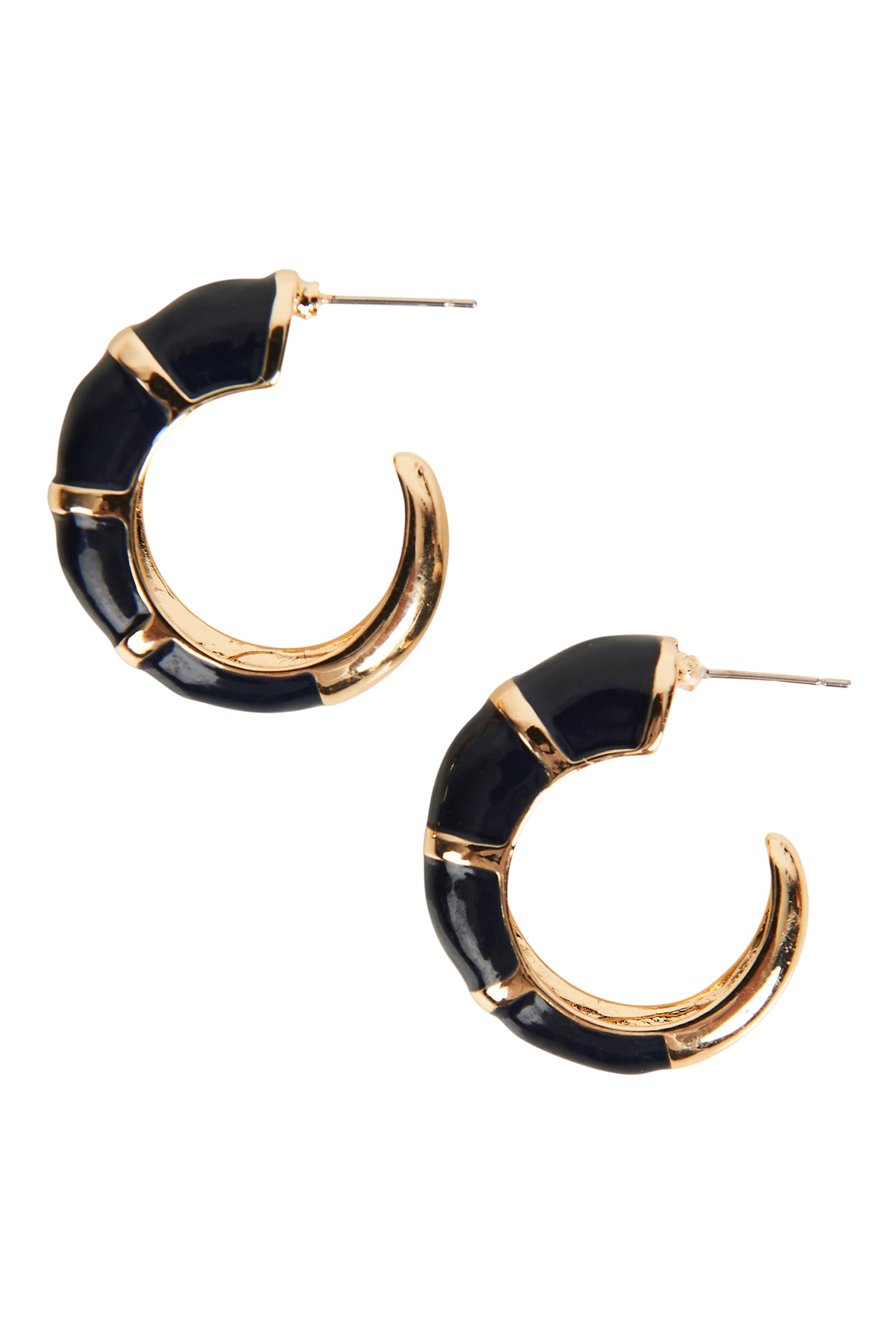 Black hoop earrings with gold accents on a white background