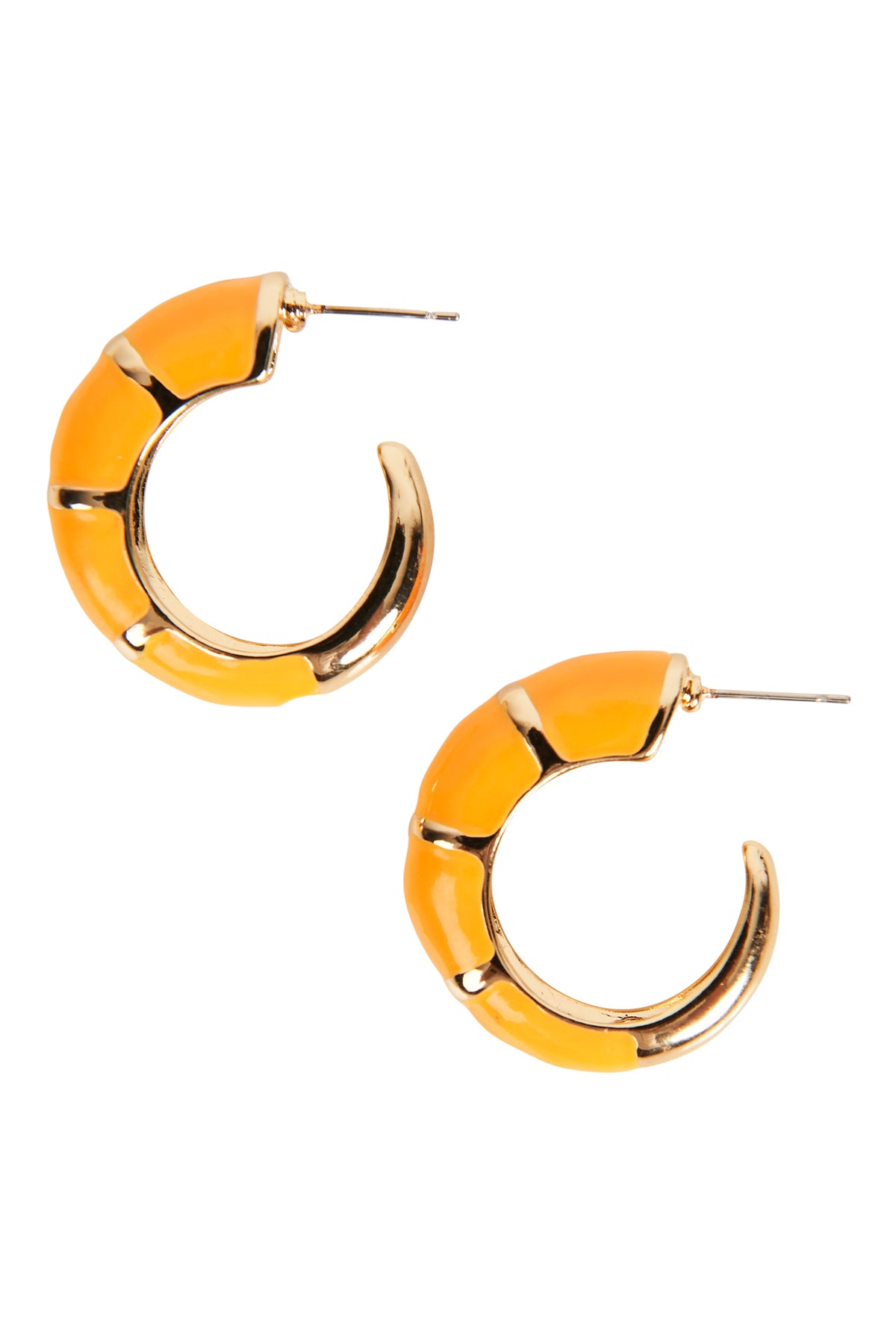 Pair of yellow hoop earrings with gold accents on a white background