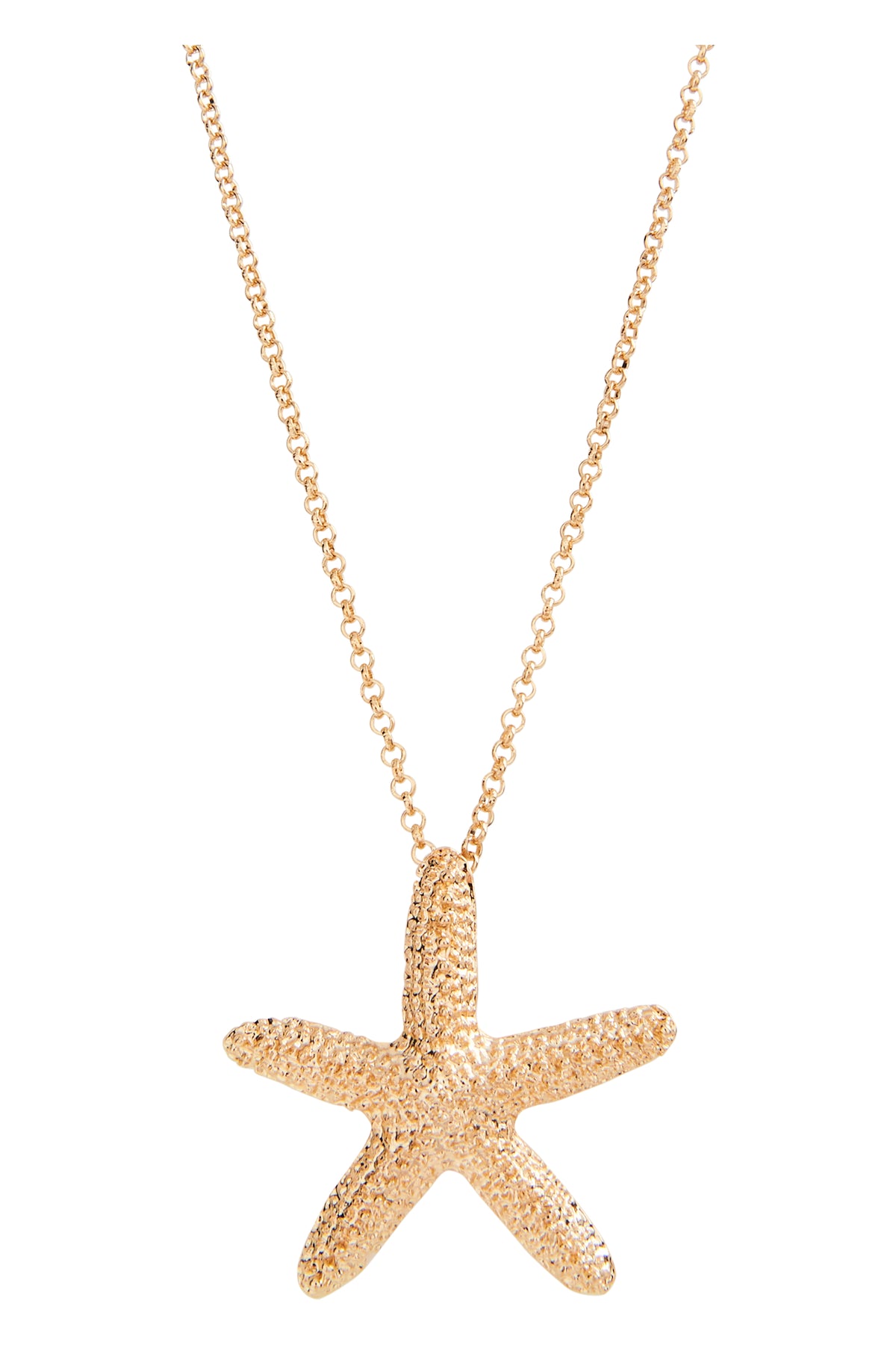 Gold starfish pendant necklace on a white background