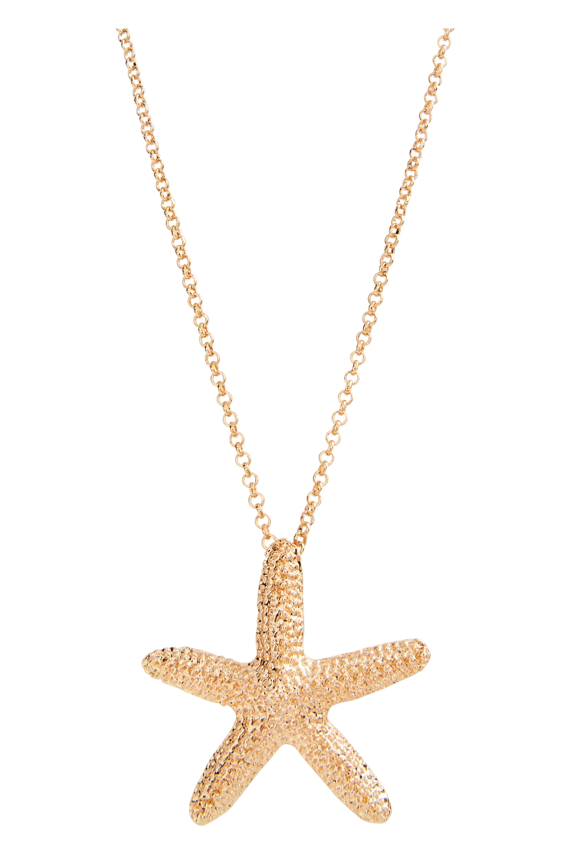 Gold starfish pendant necklace on a white background