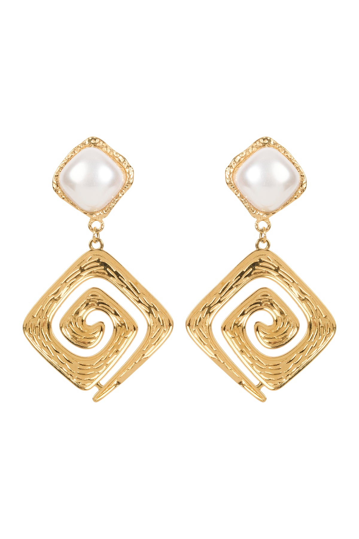 Gold earrings with pearl-like centers on a white background