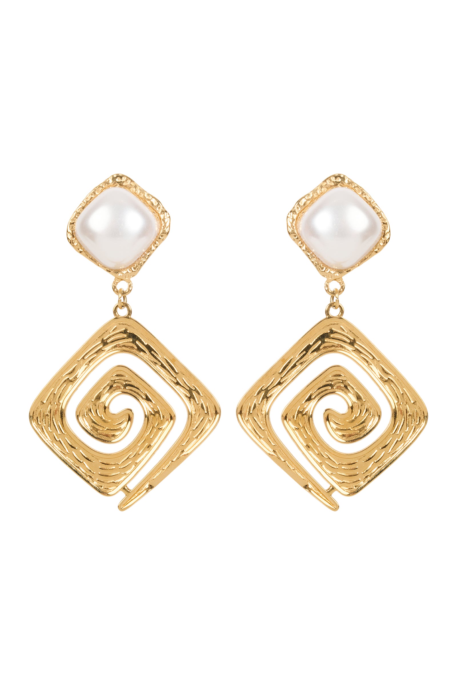 Gold earrings with pearl-like centers on a white background