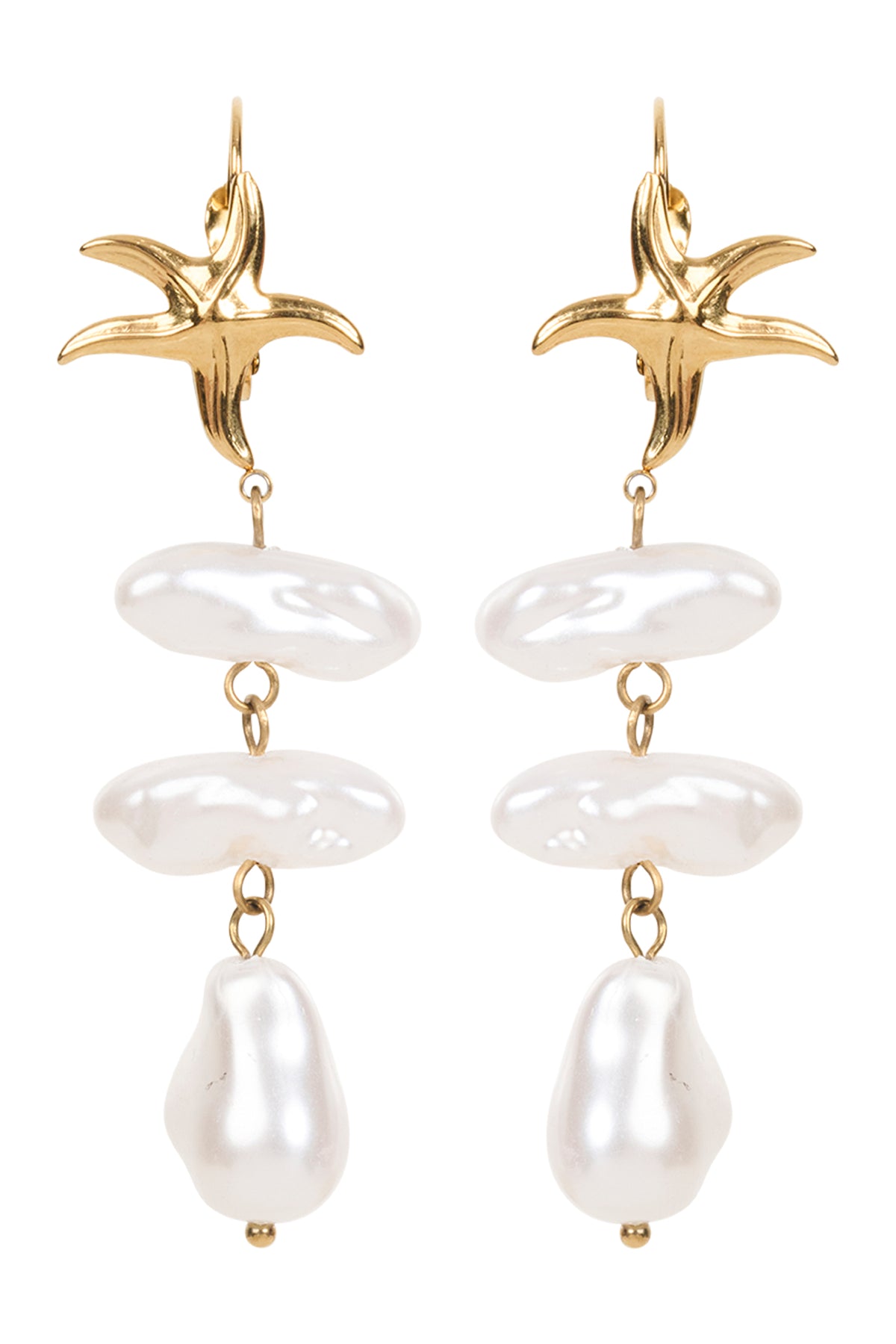 Gold and pearl drop earrings on a white background